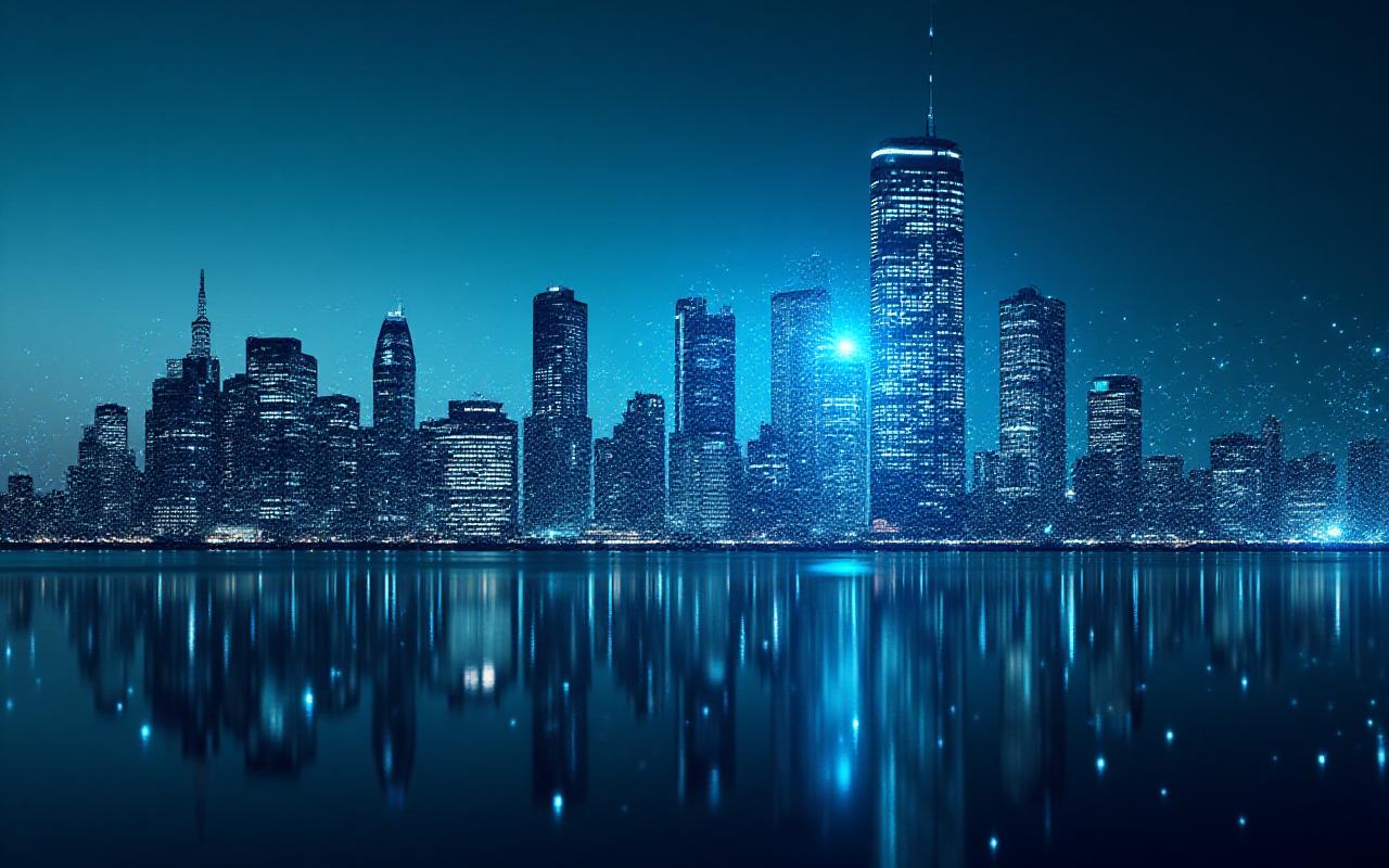 Global market data visualization overlaying a skyline