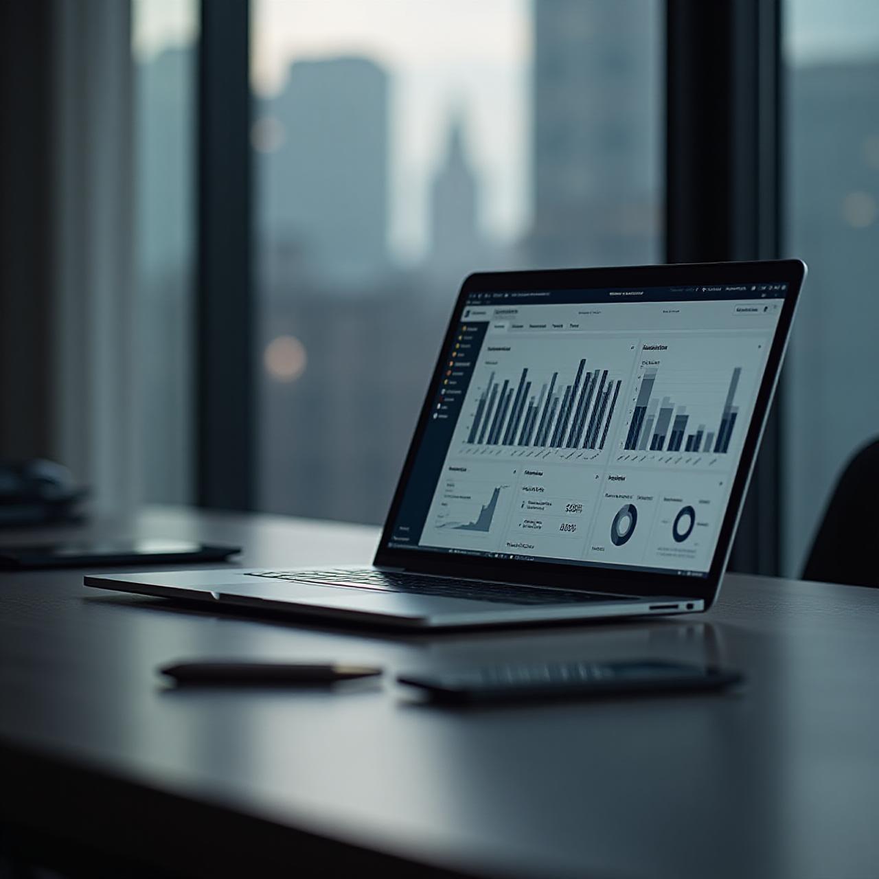 Modern workspace desk with data visualization on screen